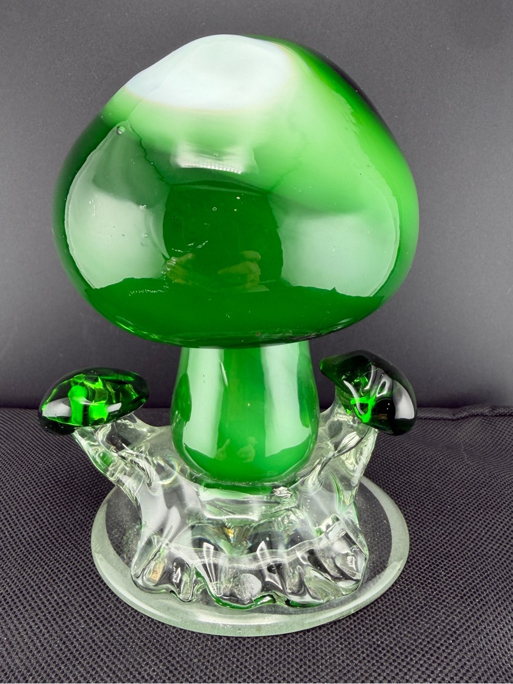 Vintage MCM Green Art Glass Triple Mushroom Figurine Hand-Blown Rough Pontil